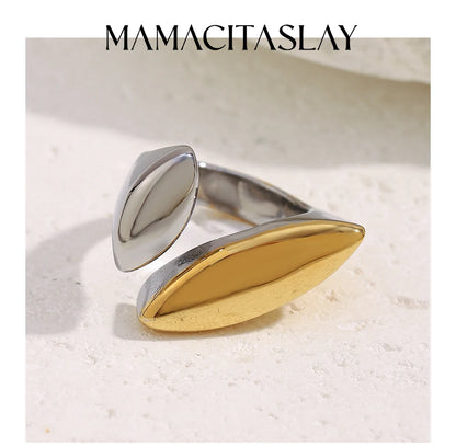 MamacitaSlay 316L Stainless Steel Two Tone Willow Asymmetrical Opening Ring Party Waterproof Jewelry Women's Unique Cool Ring
