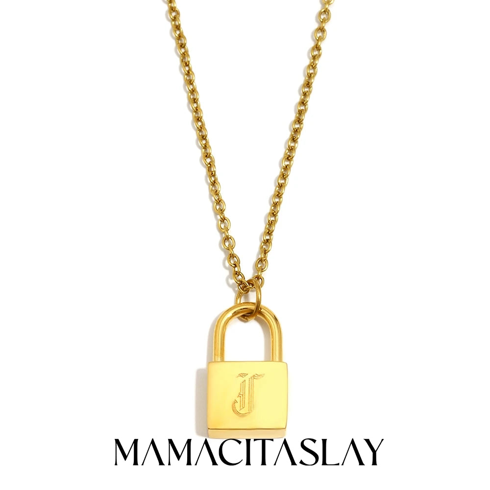 MamacitaSlay 316L Stainless Steel Ancient Letters Engaged Lock Pendant Necklace 18K Gold Plated Waterproof Neck Jewelry Gift