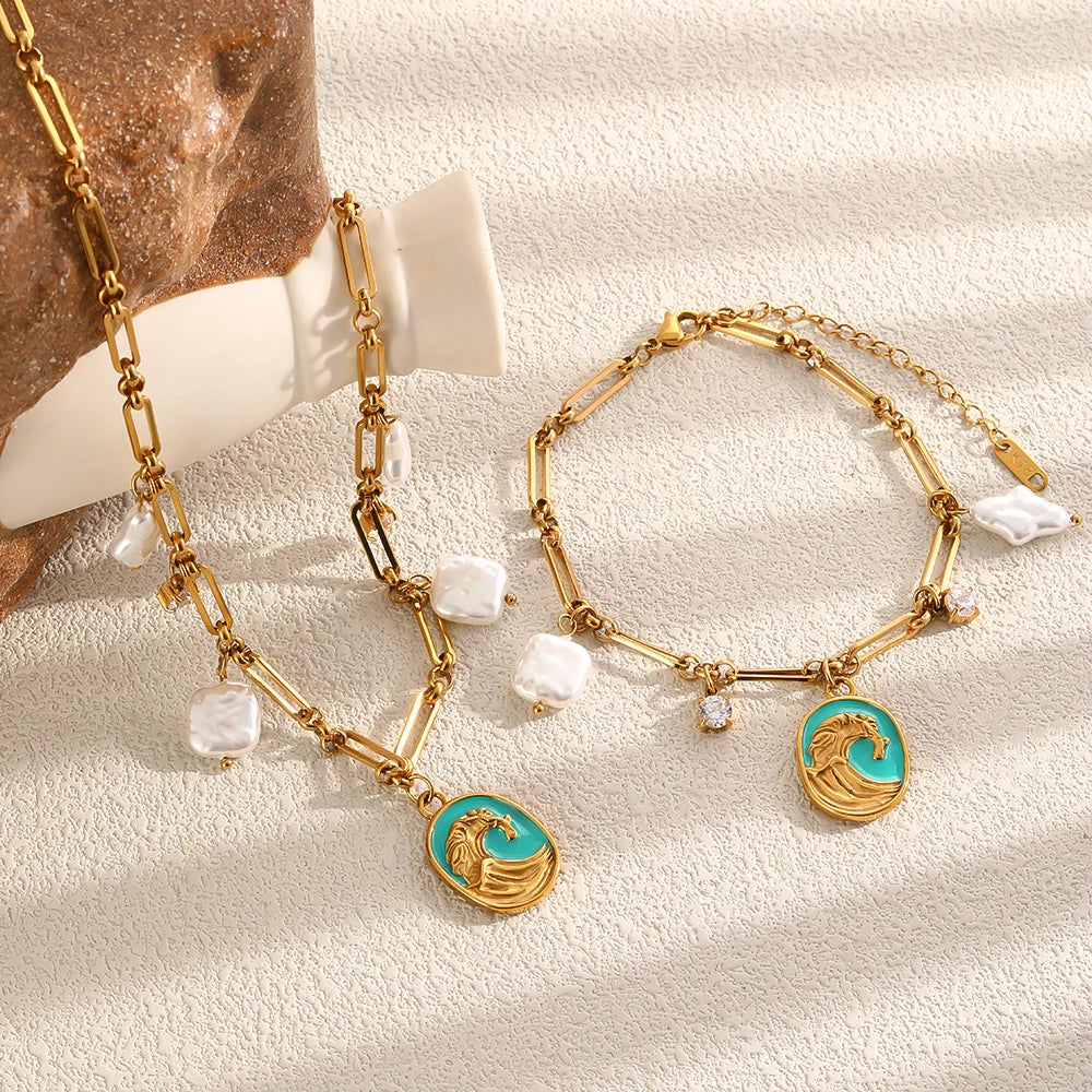 MamacitaSlay 316L Stainless Steel Baroque Pearl Enamel Pendant Bracelet Necklace 18K Gold Plated Waterproof Jewelry For Women