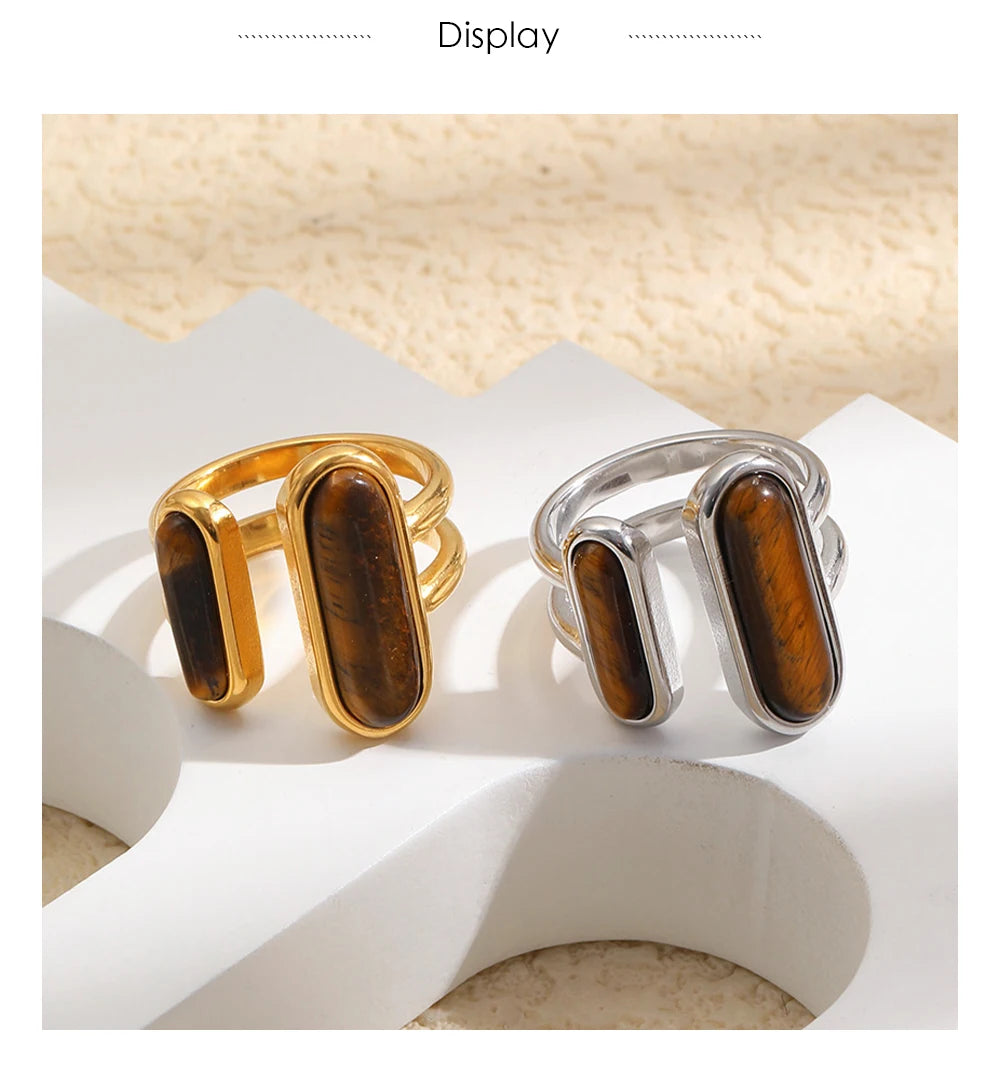 MamacitaSlay 316L Stainless Steel Tiger Eye Asymmetric Ring 18K Gold Plated Waterproof Vintage Jewelry For Women Everyday Wear