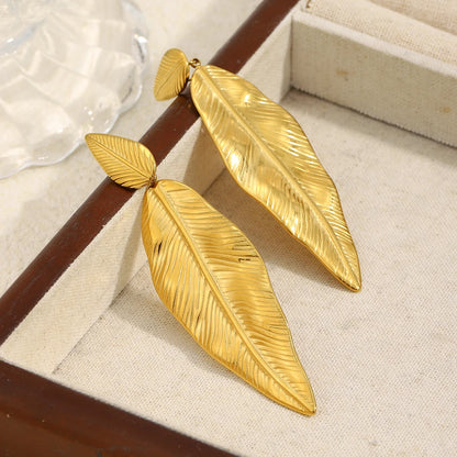 MamacitaSlay 316L Stainless Steel Double Leaf Dangle Earrings 18K Gold Plated Waterproof Jewelry For Women Statement Earrings