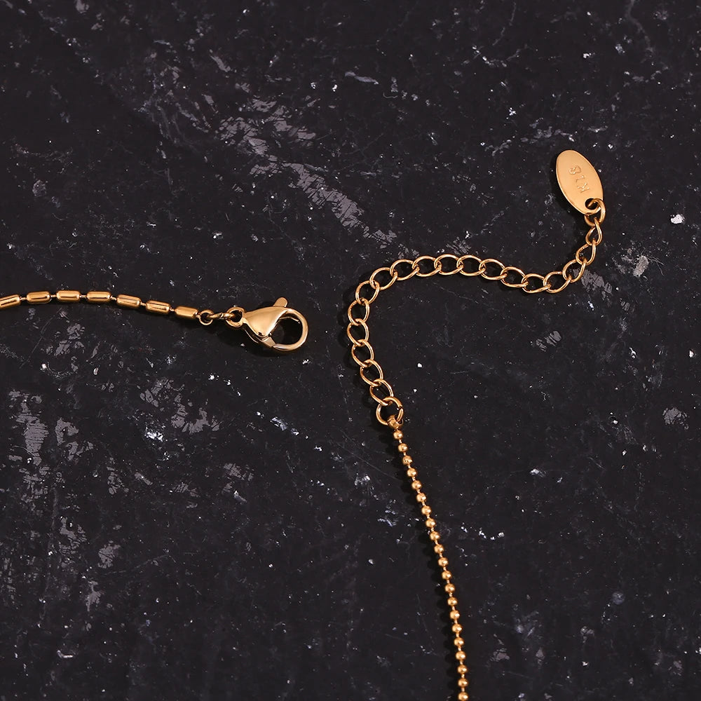 MamacitaSlay Elegant Half Rice Beads Chain Half Round Beads Chain Shiny Round Zircon Pendant Women's Stainless Steel Necklace