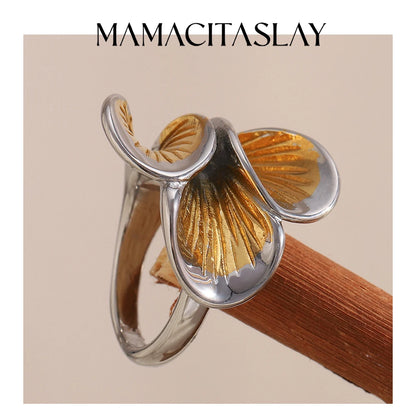 MamacitaSlay 316L Stainless Steel Two Tone Petal Ring Party Waterproof Jewelry Women's Elegant 18K Gold Plated Ring Gift 2025