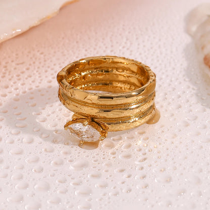 MamacitaSlay Unique 316L Stainless Steel Zircon Multilayer Wide Edge Ring Waterproof 18K Gold Plated Jewelry Women's Charm Ring