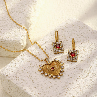 MamacitaSlay 316L Stainless Steel Heart Cross Zircon Earrings Necklace 18K Gold Plated Waterproof Jewelry Set Women's Gifts