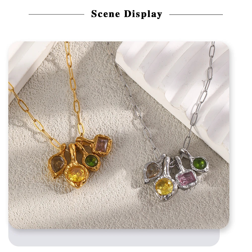 MamacitaSlay 316L Stainless Steel Irregular  Multicolor Zircon Necklace 18K Gold Plated Waterproof Minimalist Jewelry For Women