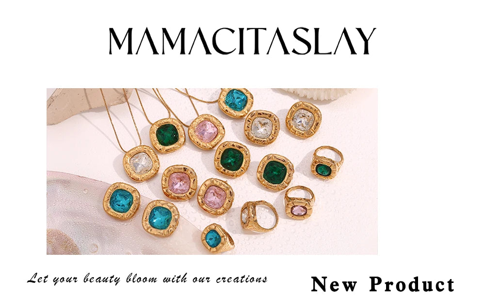 MamacitaSlay 18K Gold Plated Stainless Steel Rounded Square Zircon Necklace Earring Ring Women's Fashionable Waterproof Jewelry