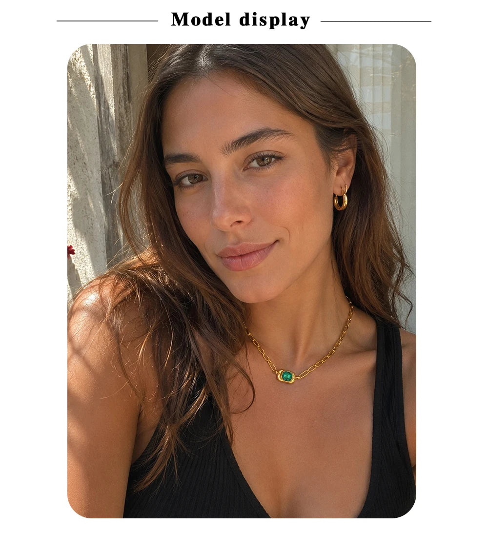 MamacitaSlay 316L Stainless Steel Green Zircon Pendant Necklace 18K Gold Plated Waterproof Vintage Luxury Jewelry Gift For Women