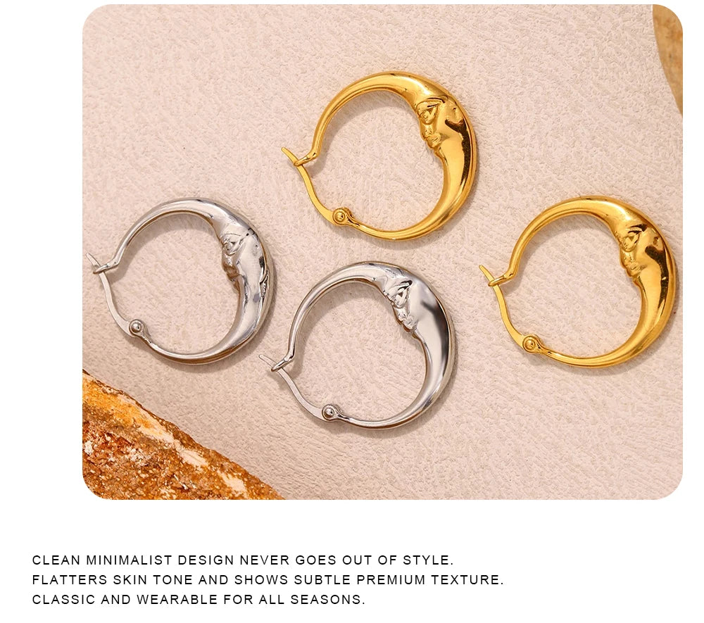 MamacitaSlay 18K Gold Plated Stainless Steel Moon Hoop Earrings Unique Waterproof Jewelry Women's Charm Statement Earrings Gift
