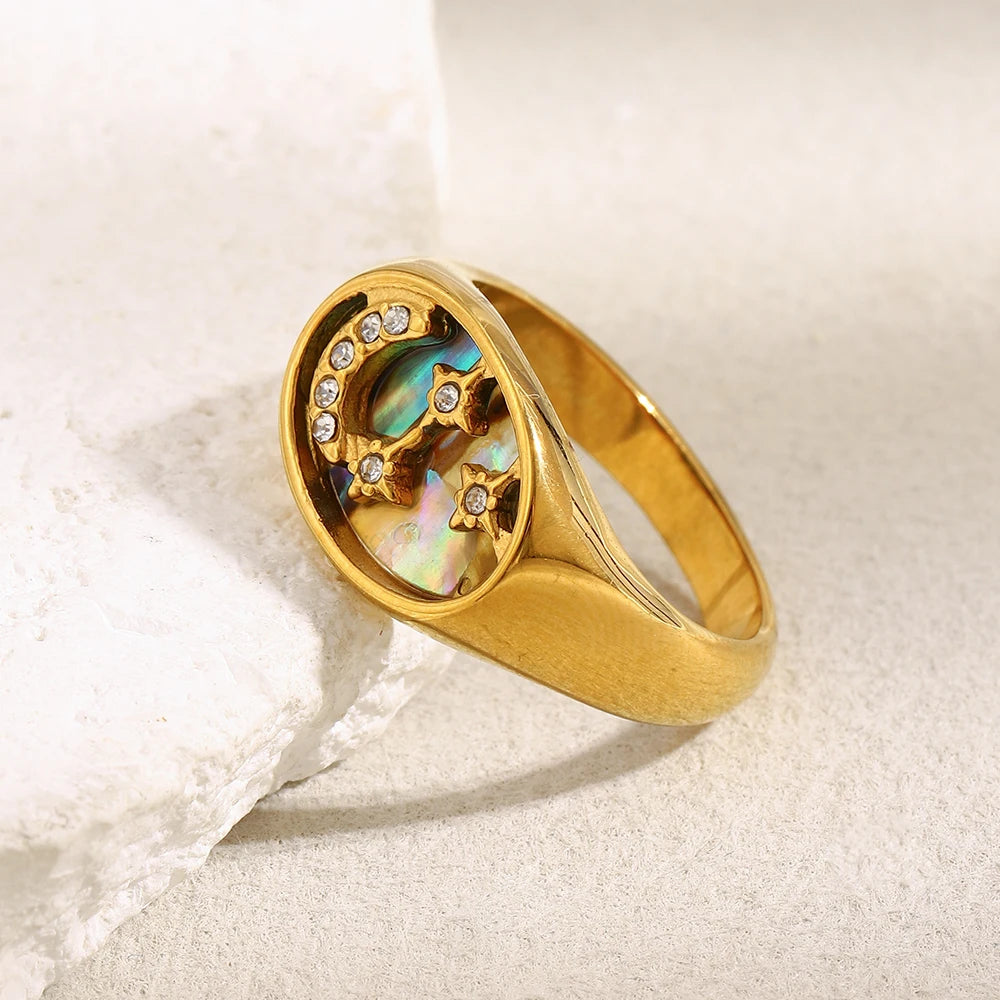 MamacitaSlay 316L Stainless Steel Abalone Shell Star Moon Colorful Ring 18K Gold Plated Waterproof Jewelry Women's Cool Ring