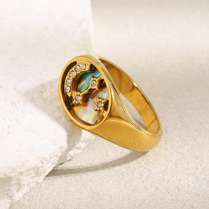 MamacitaSlay 316L Stainless Steel Abalone Shell Star Moon Colorful Ring 18K Gold Plated Waterproof Jewelry Women's Cool Ring