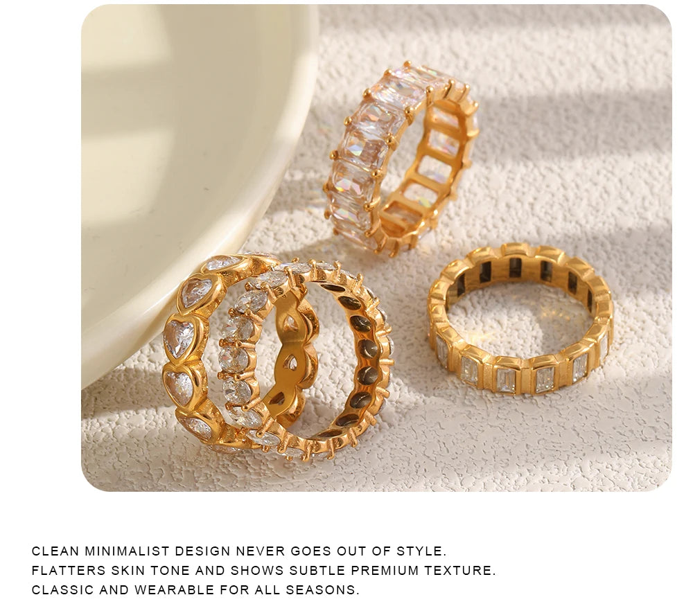 MamacitaSlay 316L Stainless Steel Heart Square Zircon Ring 18K Gold Plated Waterproof Stackable Statement Jewelry For Women Gift