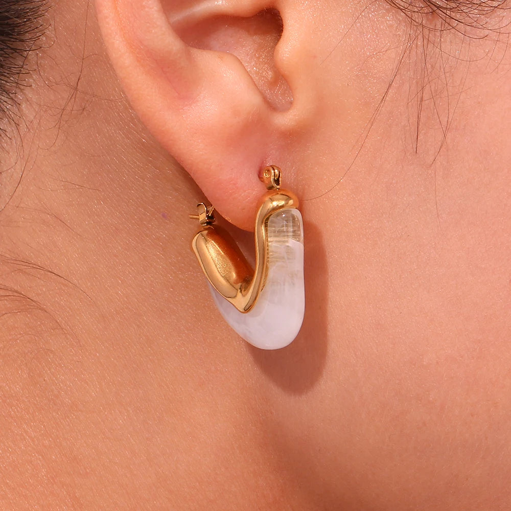MamacitaSlay 316L Stainless Steel Resin V Shape Hoop Earrings 18K Gold Plated Waterproof Jewelry For Women Statement Earrings