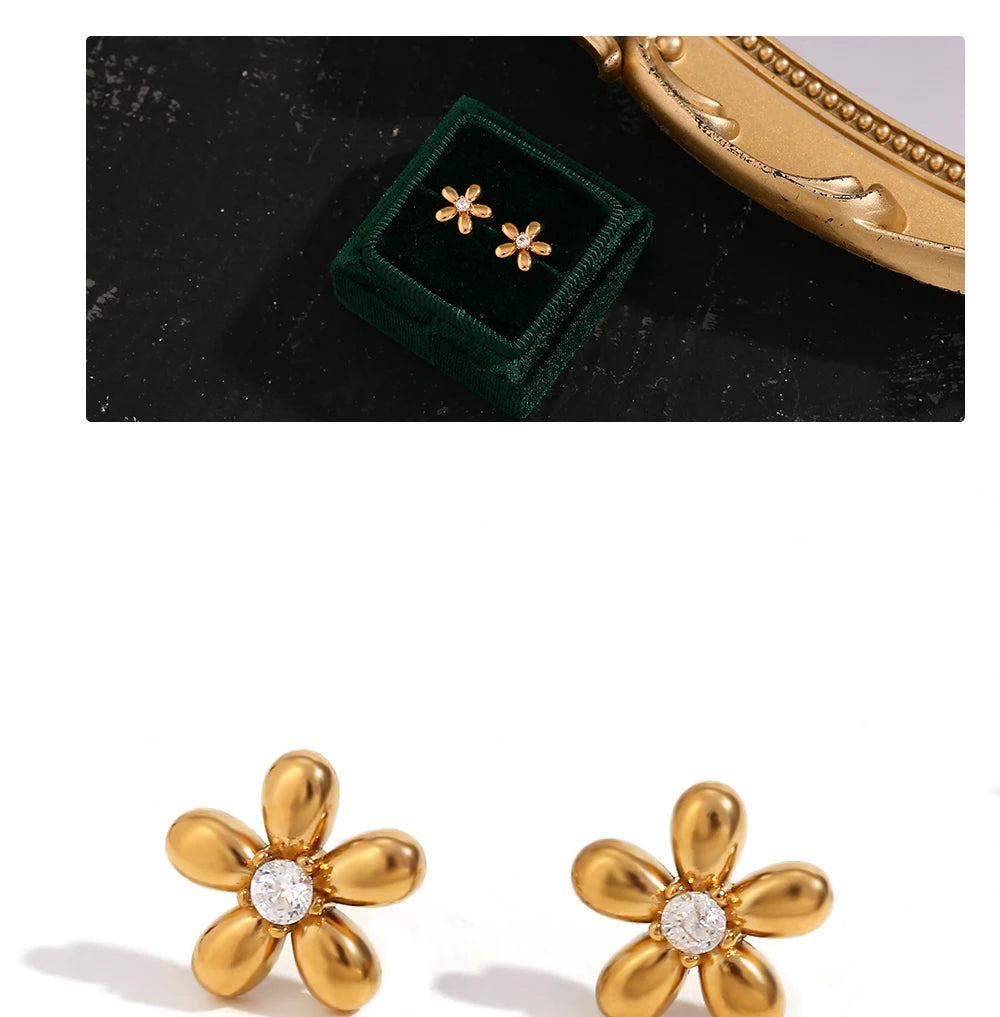 MamacitaSlay Delicate Zircon Flower Crown Horse Eye Stainless Steel Earrings Mini 18K Gold Plated Stud Earrings Fashion Jewelry