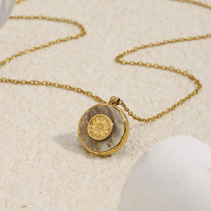 MamacitaSlay 316L Stainless Steel Marble Round Sun Necklace 18K Gold Plated Waterproof Jewelry Women's Minimalist Retro Necklace