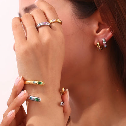 MamacitaSlay Classic Solar Geometric Zircon Bracelets Shiny Zircon Hoop Earrings 2024 Trend Stainless Steel Ring Woman