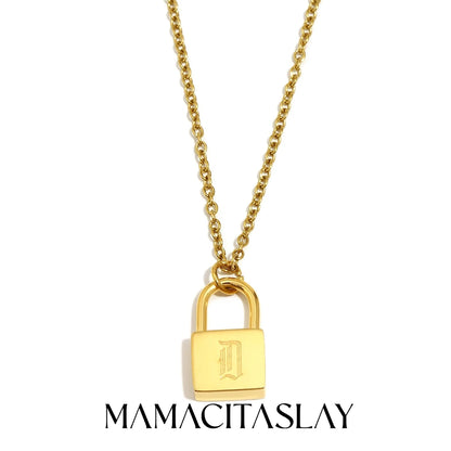 MamacitaSlay 316L Stainless Steel Ancient Letters Engaged Lock Pendant Necklace 18K Gold Plated Waterproof Neck Jewelry Gift