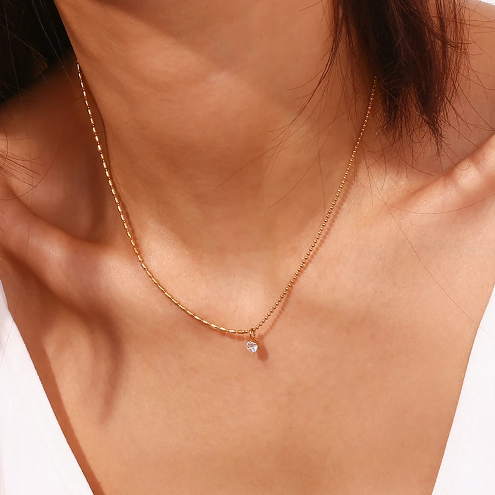 MamacitaSlay Elegant Half Rice Beads Chain Half Round Beads Chain Shiny Round Zircon Pendant Women's Stainless Steel Necklace