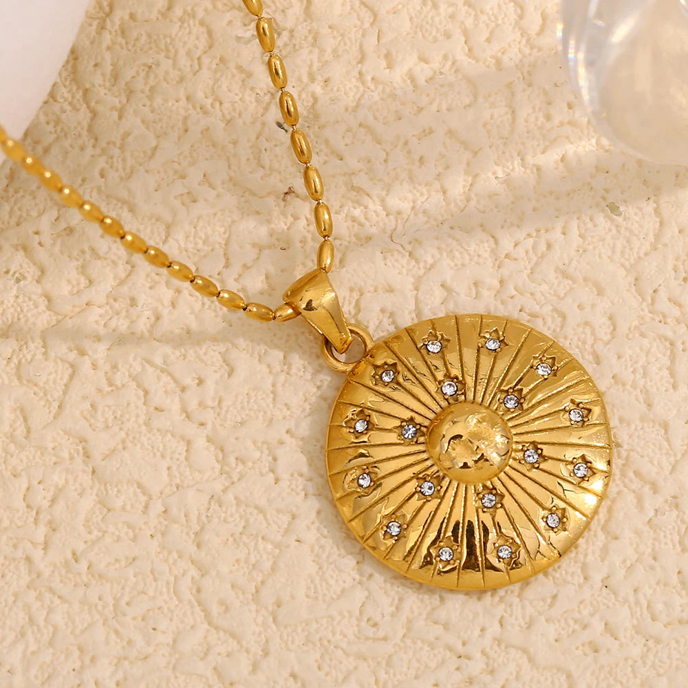 MamacitaSlay Minimalist Stainless Steel Zircon Sun Moon Star Zircon Pendant Necklace Creative Waterproof Jewelry Women's Gift