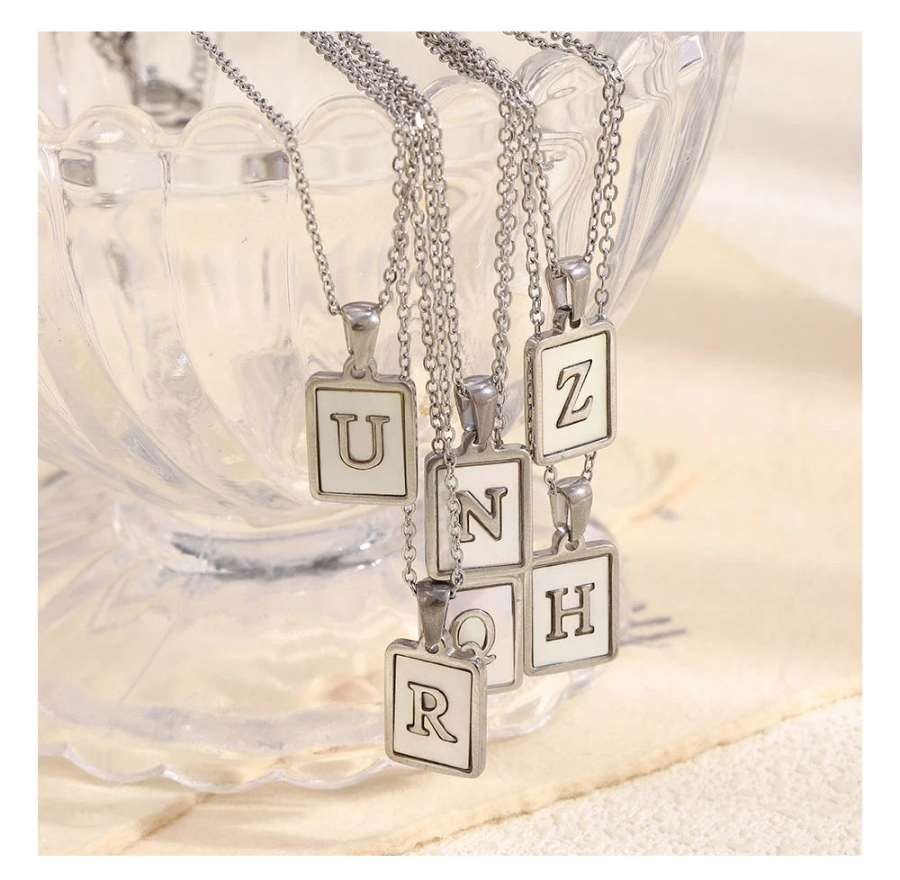 MamacitaSlay 18K Gold Plated Chain Necklaces Male Square Shell Letters Necklaces 316L Stainless Steel Jewelry For Women Gift