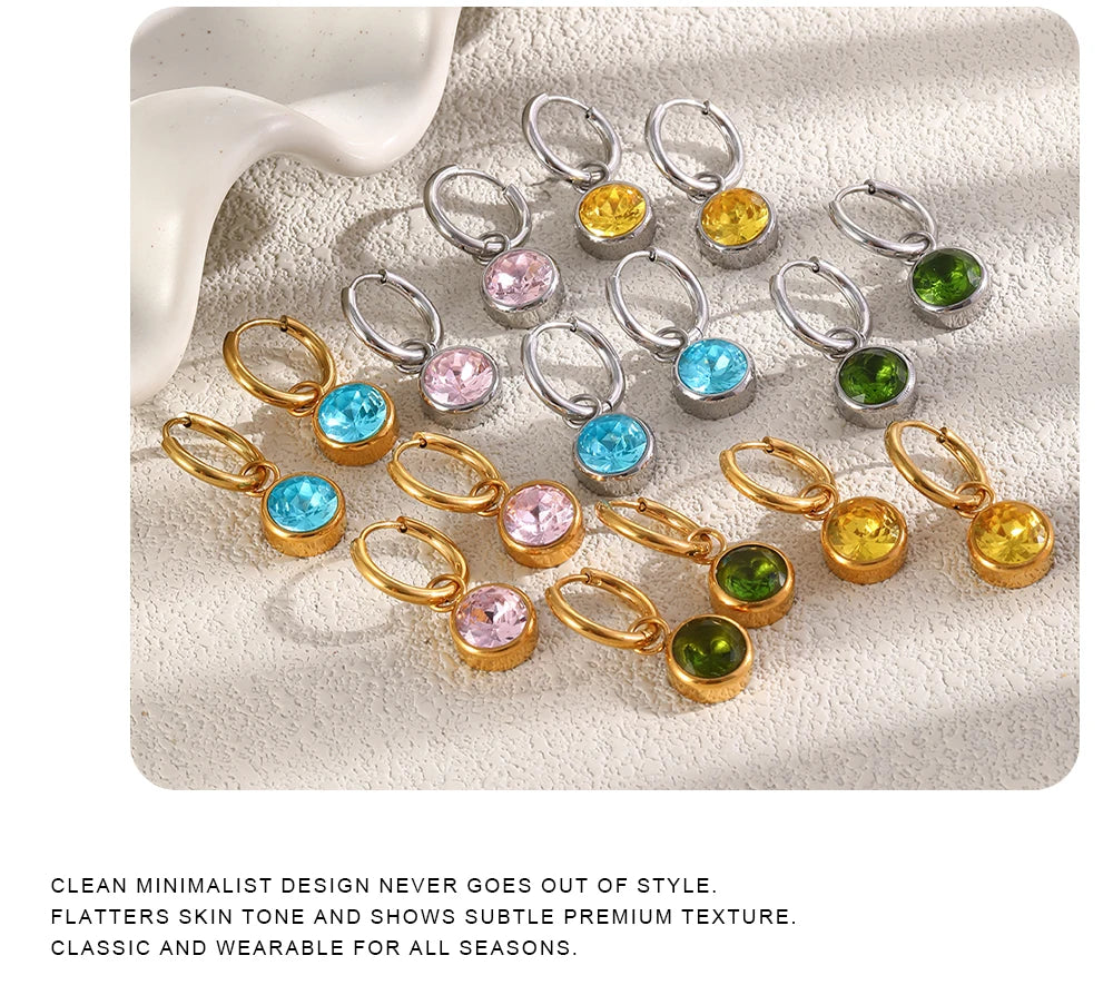 MamacitaSlay 316L Stainless Steel Multicolor Round Zircon Hoop Earrings 18K Gold Plated Waterproof Minimalist Jewelry For Women