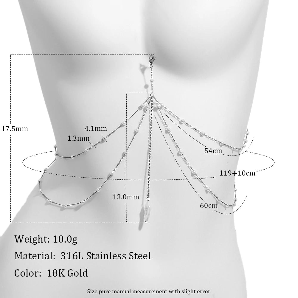 MamacitaSlay 316L Stainless Steel Multilayer Chain Pearl Body Chain 18K Gold Plated Waterproof Jewelry For Bikini Accessories