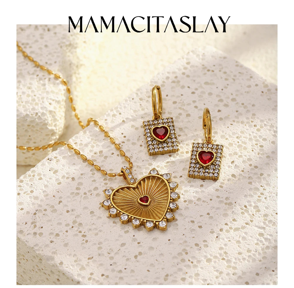 MamacitaSlay 316L Stainless Steel Heart Cross Zircon Earrings Necklace 18K Gold Plated Waterproof Jewelry Set Women's Gifts