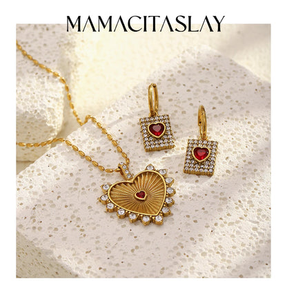 MamacitaSlay 316L Stainless Steel Heart Cross Zircon Earrings Necklace 18K Gold Plated Waterproof Jewelry Set Women's Gifts