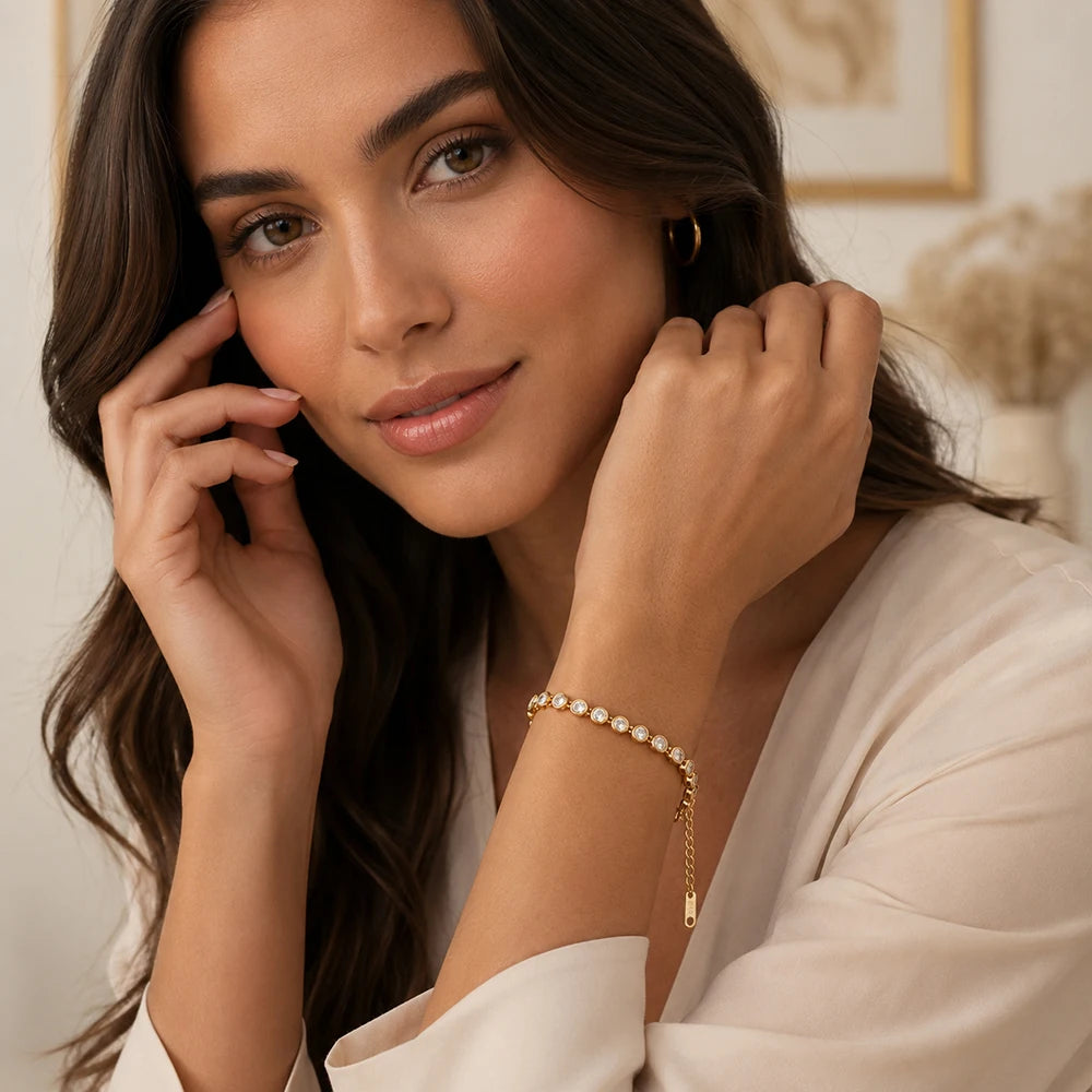 MamacitaSlay 316LStainlessSteel Round Zircon Tennis Bracelet 18K Gold Plated Waterproof Jewelry For Women Wedding Dating Jewelry