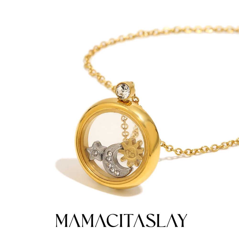 MamacitaSlay 316L Stainless Steel Celestial Pendant Necklace 18K Gold Plated Waterproof Jewelry Gift For Women Everyday Wear