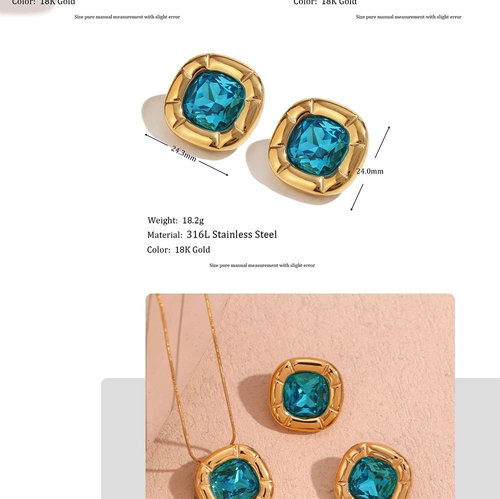 MamacitaSlay 18K Gold Plated Stainless Steel Rounded Square Zircon Necklace Earring Ring Women's Fashionable Waterproof Jewelry