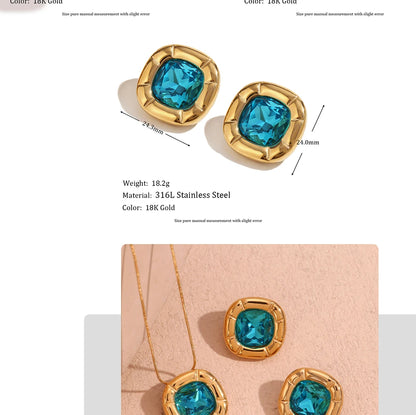 MamacitaSlay 18K Gold Plated Stainless Steel Rounded Square Zircon Necklace Earring Ring Women's Fashionable Waterproof Jewelry