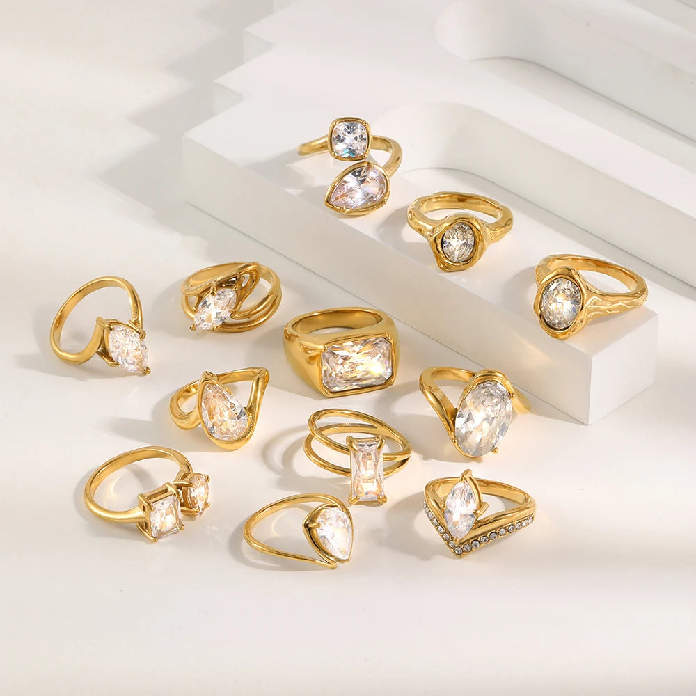MamacitaSlay 316L Stainless Steel CZ Solitaire Stackable Ring 18K Gold Plated Waterproof Jewelry For Women Elegant Daily Wear