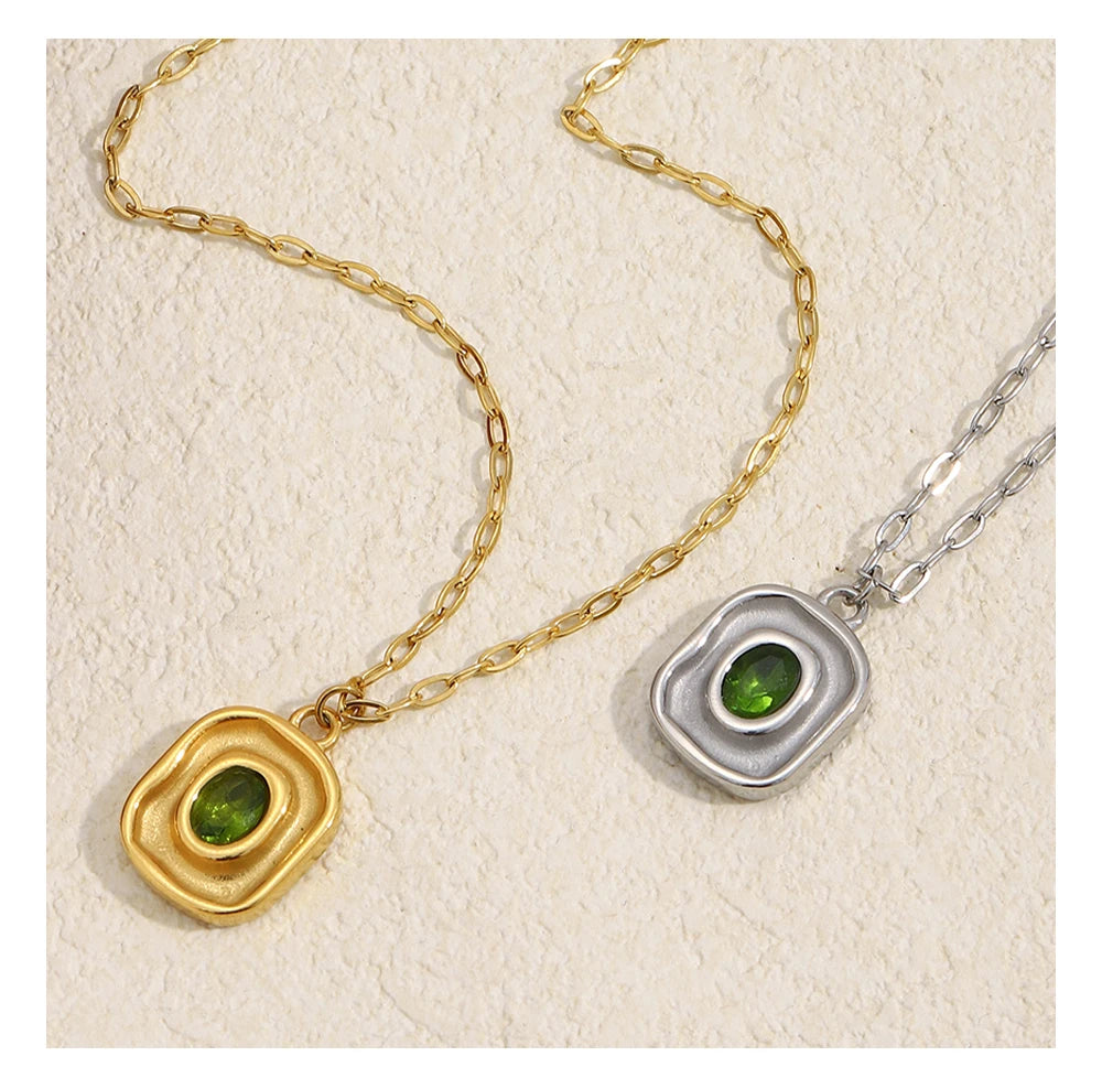MamacitaSlay Retro Irregular Pendant Round Green Zircon Paper Clip Chain Women's Necklace Trendy Women's Stainless Steel Jewelry
