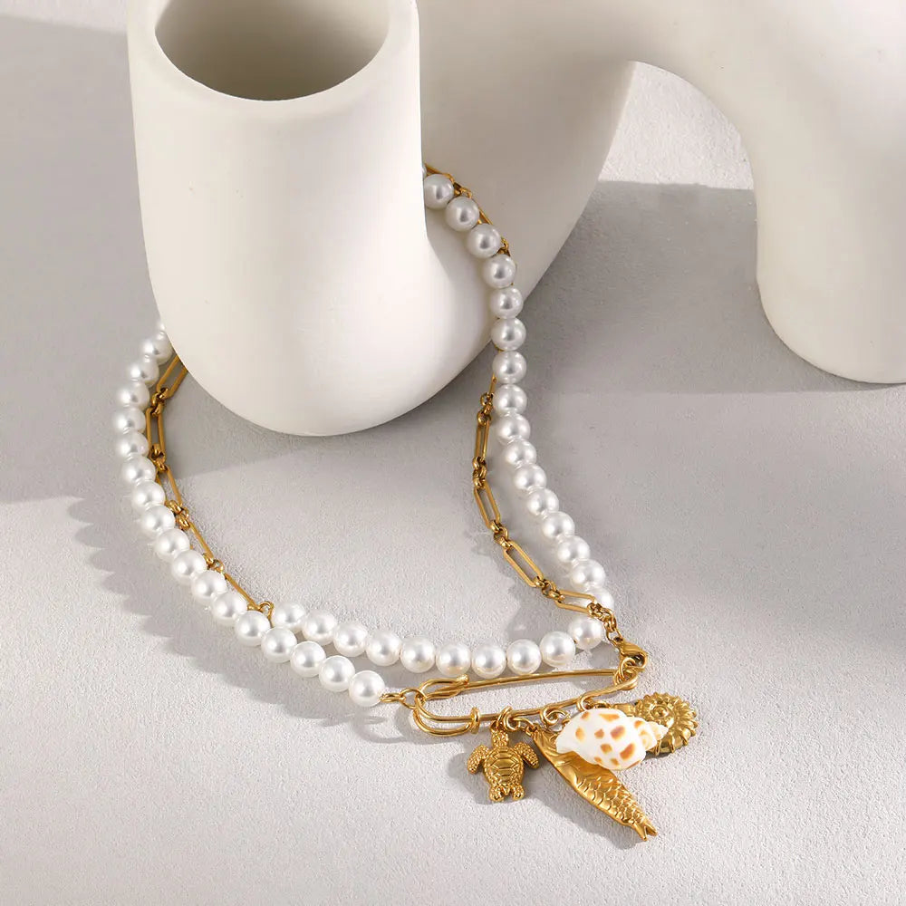 MamacitaSlay 316L Stainless Steel Pearl Paperclip Conch Shell Necklace 18K Gold Plated Waterproof Vacation Jewelry For Women