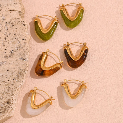 MamacitaSlay 316L Stainless Steel Resin V Shape Hoop Earrings 18K Gold Plated Waterproof Jewelry For Women Statement Earrings