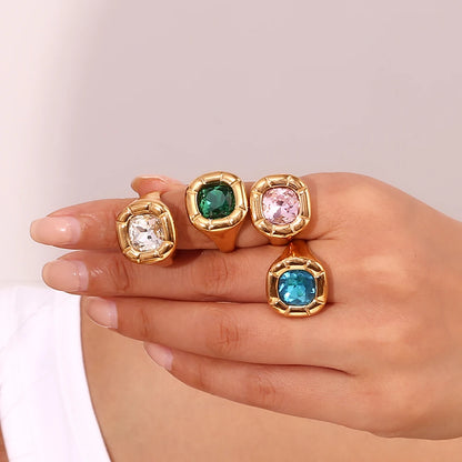 MamacitaSlay 18K Gold Plated Stainless Steel Rounded Square Zircon Necklace Earring Ring Women's Fashionable Waterproof Jewelry