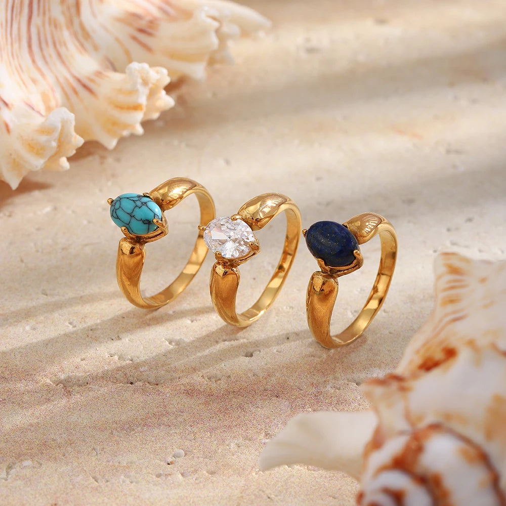 MamacitaSlay 316L Stainless Steel Oval Zircon Natural Stone Stacked Ring 18K Gold Plated Waterproof Vintage Jewelry For Women