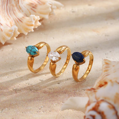 MamacitaSlay 316L Stainless Steel Oval Zircon Natural Stone Stacked Ring 18K Gold Plated Waterproof Vintage Jewelry For Women