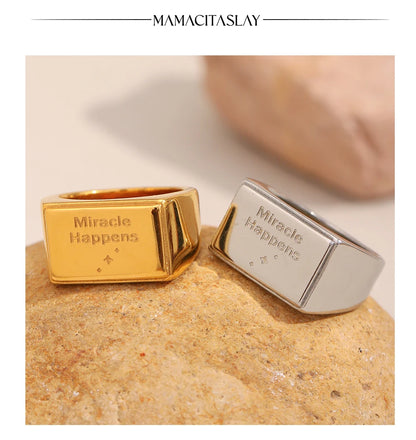 MamacitaSlay 316L Stainless Steel "Miracle Happens" Letter Ring Party Waterproof Jewelry Women's Classic Charm Ring 2025 Gift