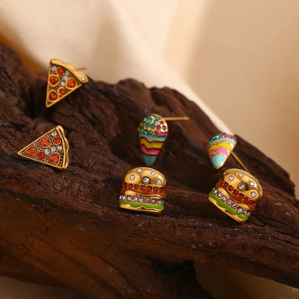 MamacitaSlay Sweet colorful enamel sandwich pizza ice cream sparkling Women's earrings gold plated Jewelry Woman accesories