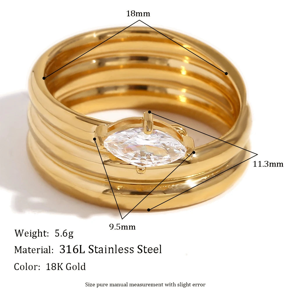 MamacitaSlay Unique 316L Stainless Steel Zircon Multilayer Wide Edge Ring Waterproof 18K Gold Plated Jewelry Women's Charm Ring