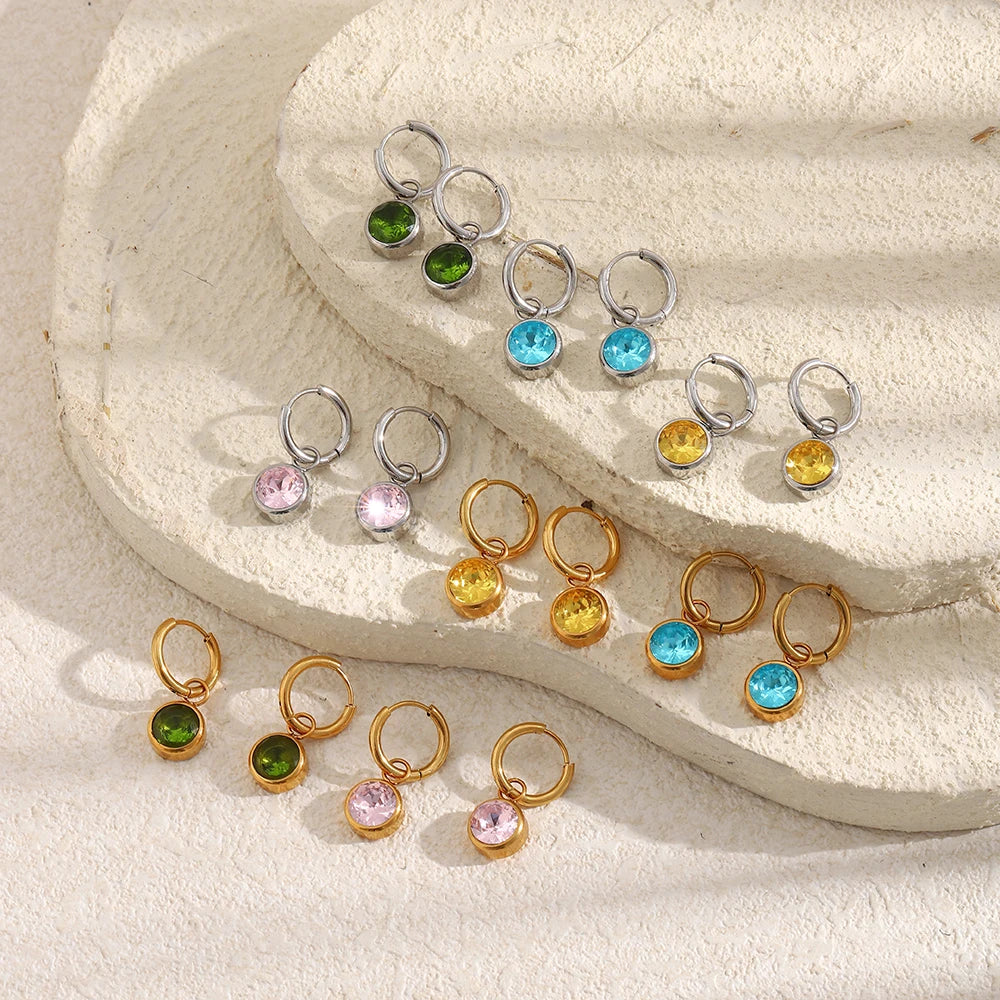 MamacitaSlay 316L Stainless Steel Multicolor Round Zircon Hoop Earrings 18K Gold Plated Waterproof Minimalist Jewelry For Women
