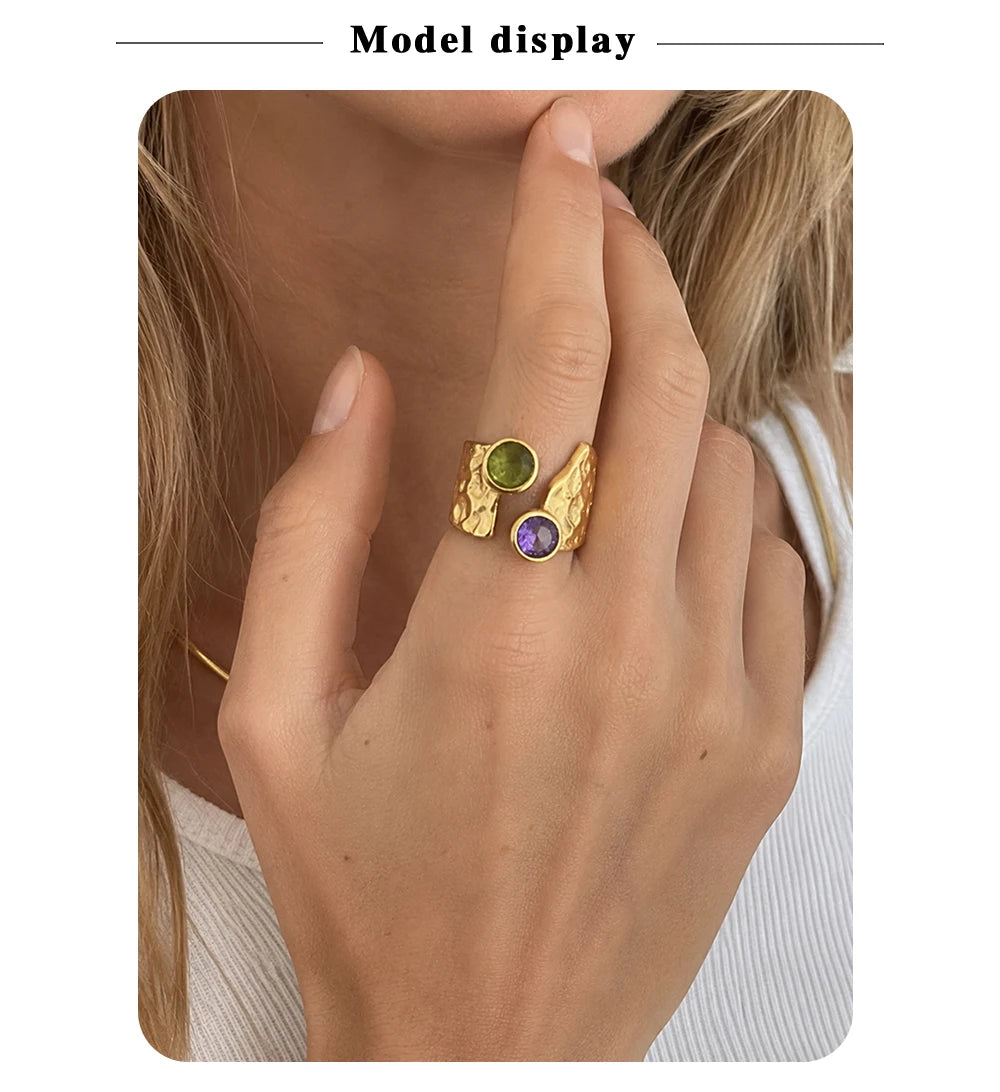 MamacitaSlay 316L Stainless Steel Hammered Texture Asymmetric Zircon Ring 18K Gold Plated Waterproof Vintage Jewelry For Women