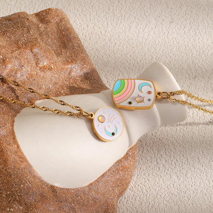 MamacitaSlay 316L Stainless Steel Rainbow Moon Star Enamel Necklace 18K Gold Plated Waterproof Jewelry For Women Everyday Wear