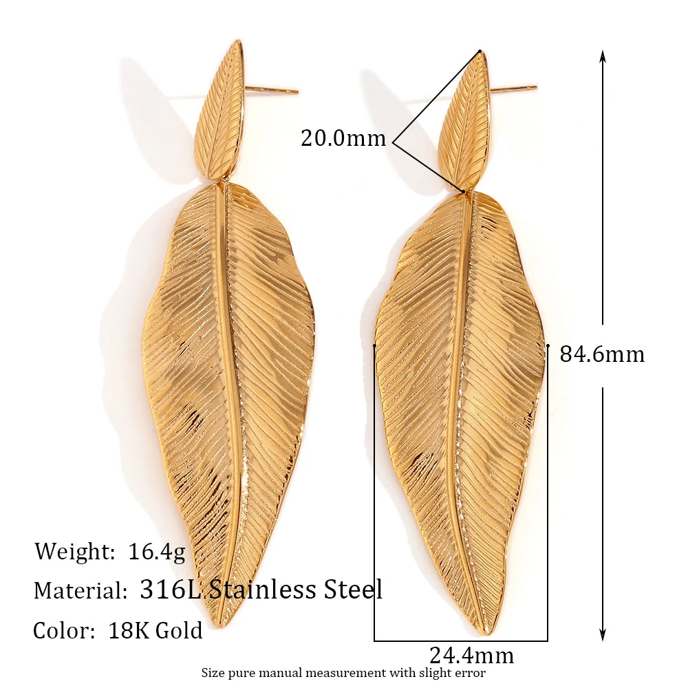 MamacitaSlay 316L Stainless Steel Double Leaf Dangle Earrings 18K Gold Plated Waterproof Jewelry For Women Statement Earrings