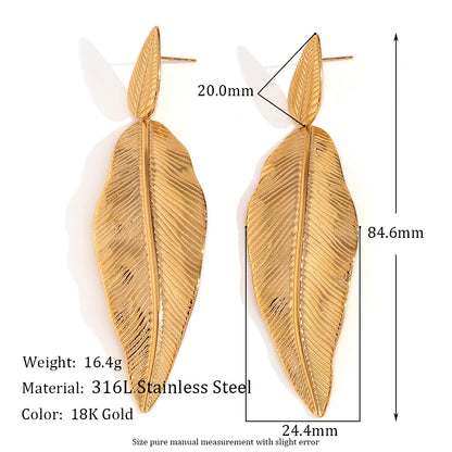 MamacitaSlay 316L Stainless Steel Double Leaf Dangle Earrings 18K Gold Plated Waterproof Jewelry For Women Statement Earrings