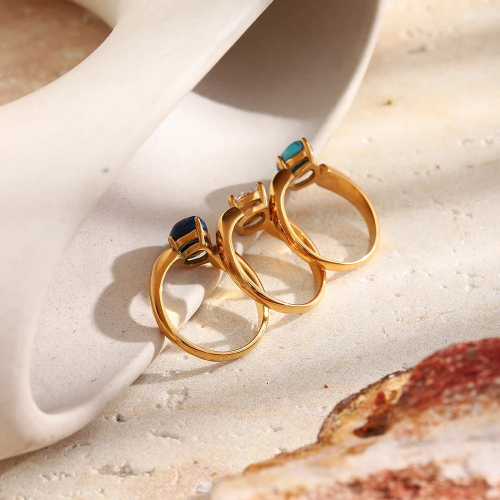 MamacitaSlay 316L Stainless Steel Oval Zircon Natural Stone Stacked Ring 18K Gold Plated Waterproof Vintage Jewelry For Women