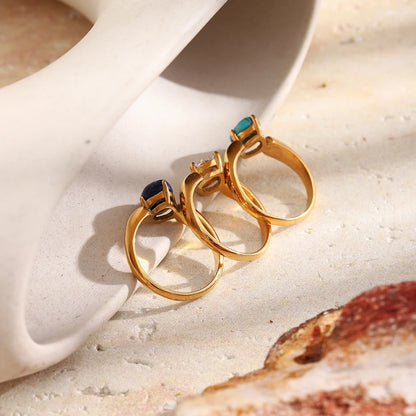 MamacitaSlay 316L Stainless Steel Oval Zircon Natural Stone Stacked Ring 18K Gold Plated Waterproof Vintage Jewelry For Women