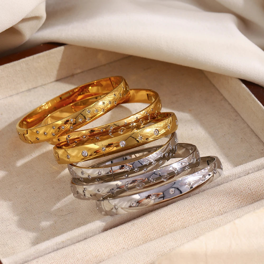 MamacitaSlay 316L Stainless Steel Star Moon Open Bracelet Bracelet 18K Gold Plated Waterproof Jewelry Women's Unique Bracelet